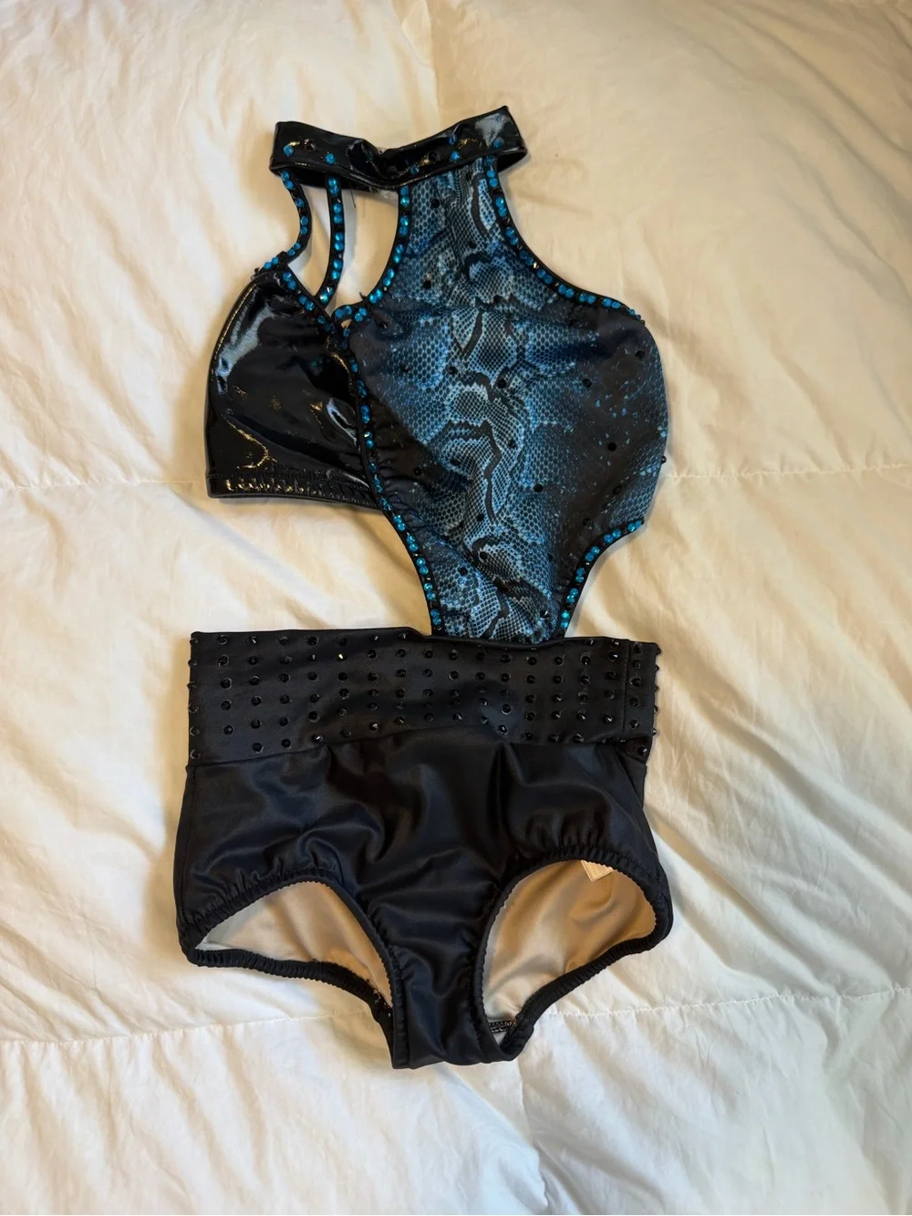 Black & Teal High Neck One-Piece Dance Costume with Studded High-Waist Bottom